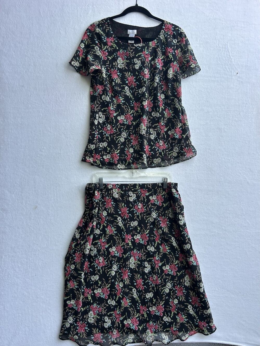 Vintage Jaclyn Smith 2-Piece Floral Skirt Set Black Pink Chiffon Midi